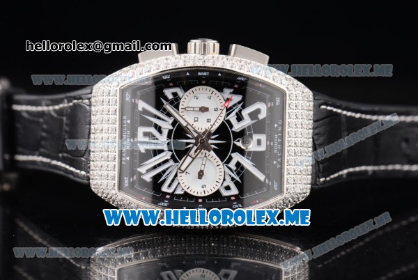 Franck Muller Vanguard Miyota OS20 Quartz Steel Case with Black Dial Black Leather Strap and White Subdials Diamonds Bezel - Click Image to Close